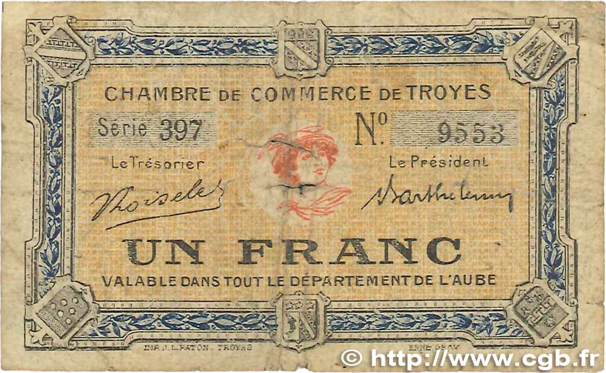 1 Franc FRANCE regionalismo y varios Troyes 1918 JP.124.12 RC