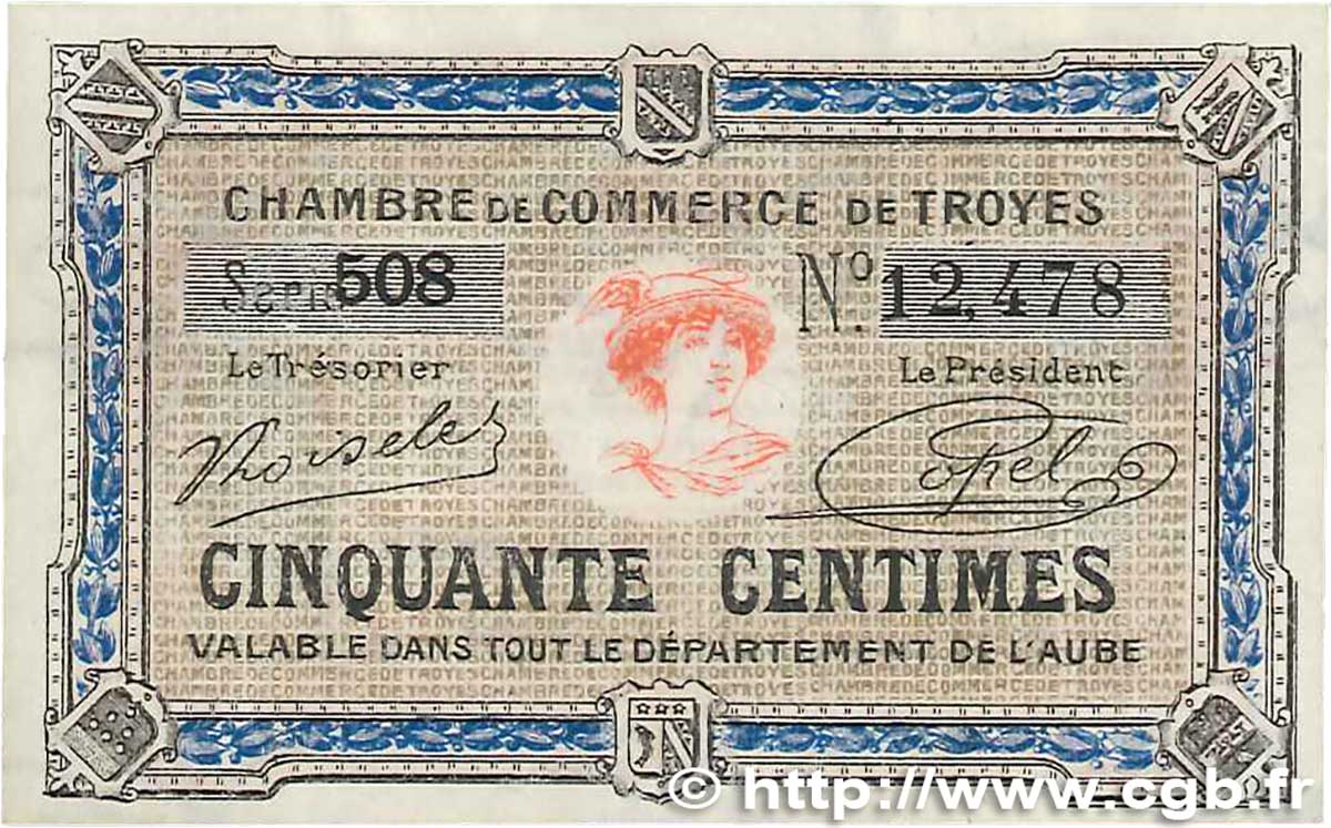 50 Centimes FRANCE regionalism and miscellaneous Troyes 1918 JP.124.13 AU