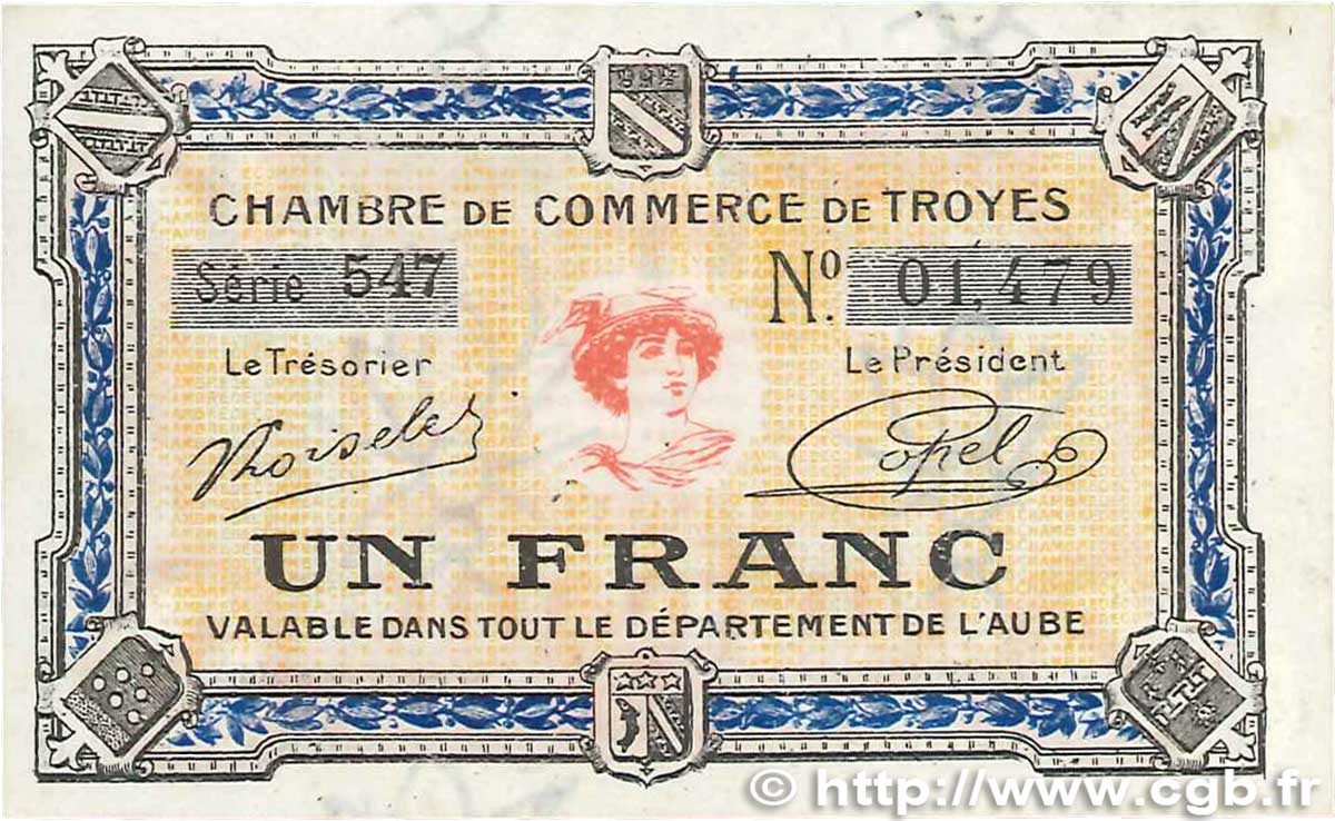 1 Franc FRANCE regionalism and miscellaneous Troyes 1918 JP.124.14 XF+