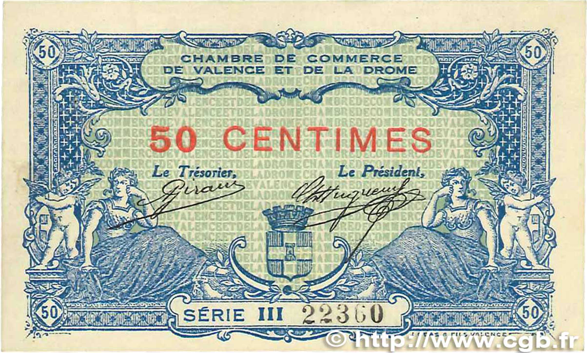 50 Centimes FRANCE regionalism and various Valence 1915 JP.127.02 VF