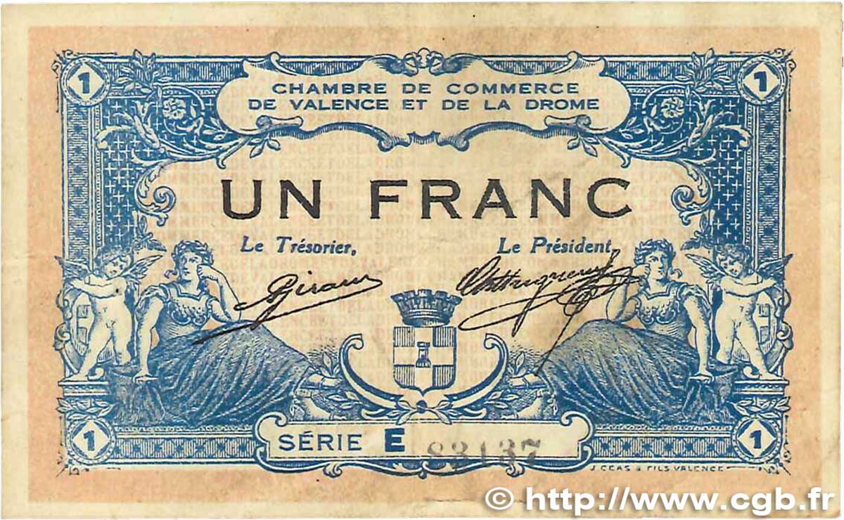 1 Franc FRANCE regionalism and various Valence 1915 JP.127.03 VG