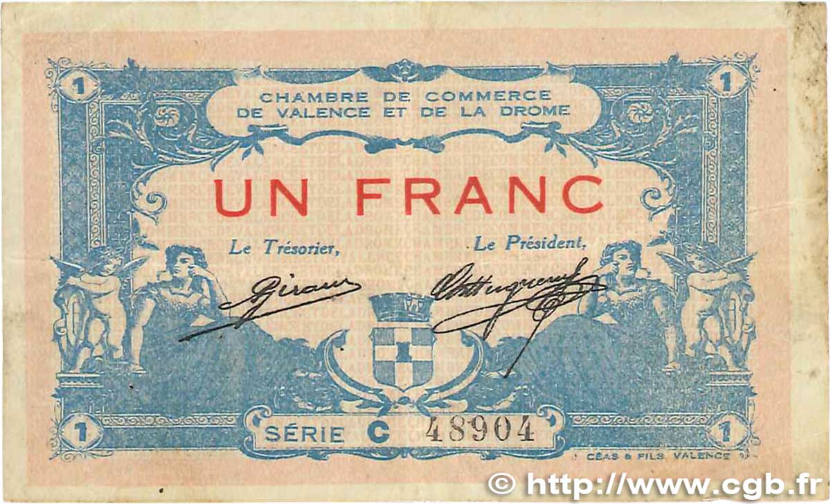 1 Franc FRANCE regionalism and miscellaneous Valence 1915 JP.127.07 F