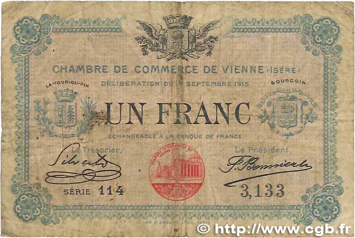 1 Franc FRANCE regionalismo y varios Vienne 1915 JP.128.05 RC