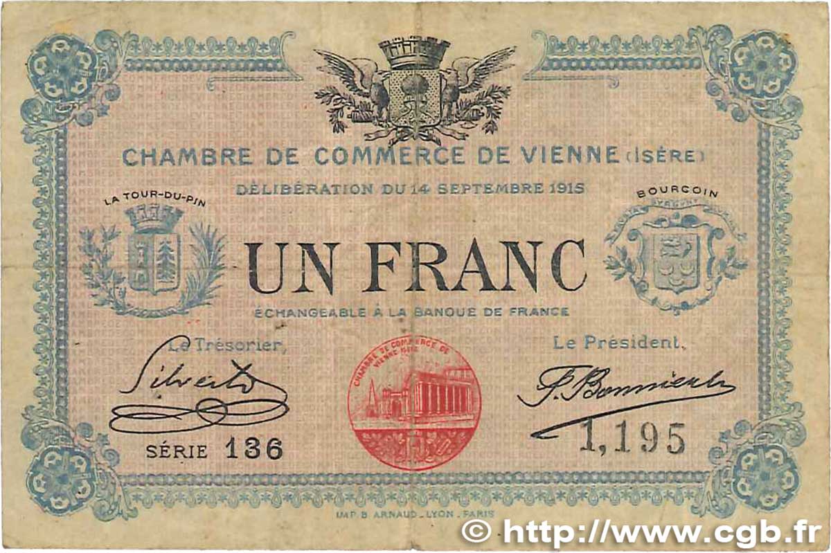 1 Franc FRANCE regionalism and miscellaneous Vienne 1915 JP.128.05 VG