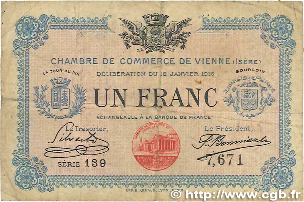 1 Franc FRANCE regionalism and miscellaneous Vienne 1916 JP.128.12 VG