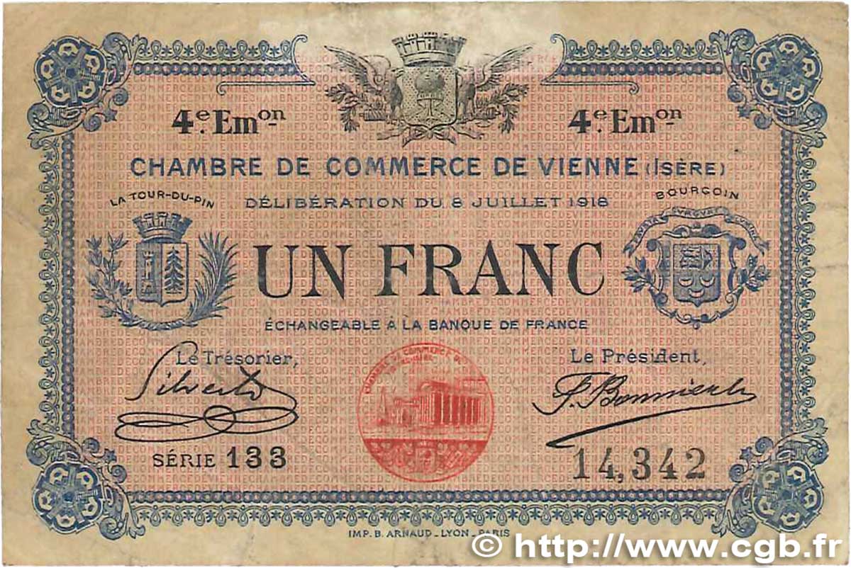 1 Franc FRANCE regionalism and various Vienne 1918 JP.128.23 VG