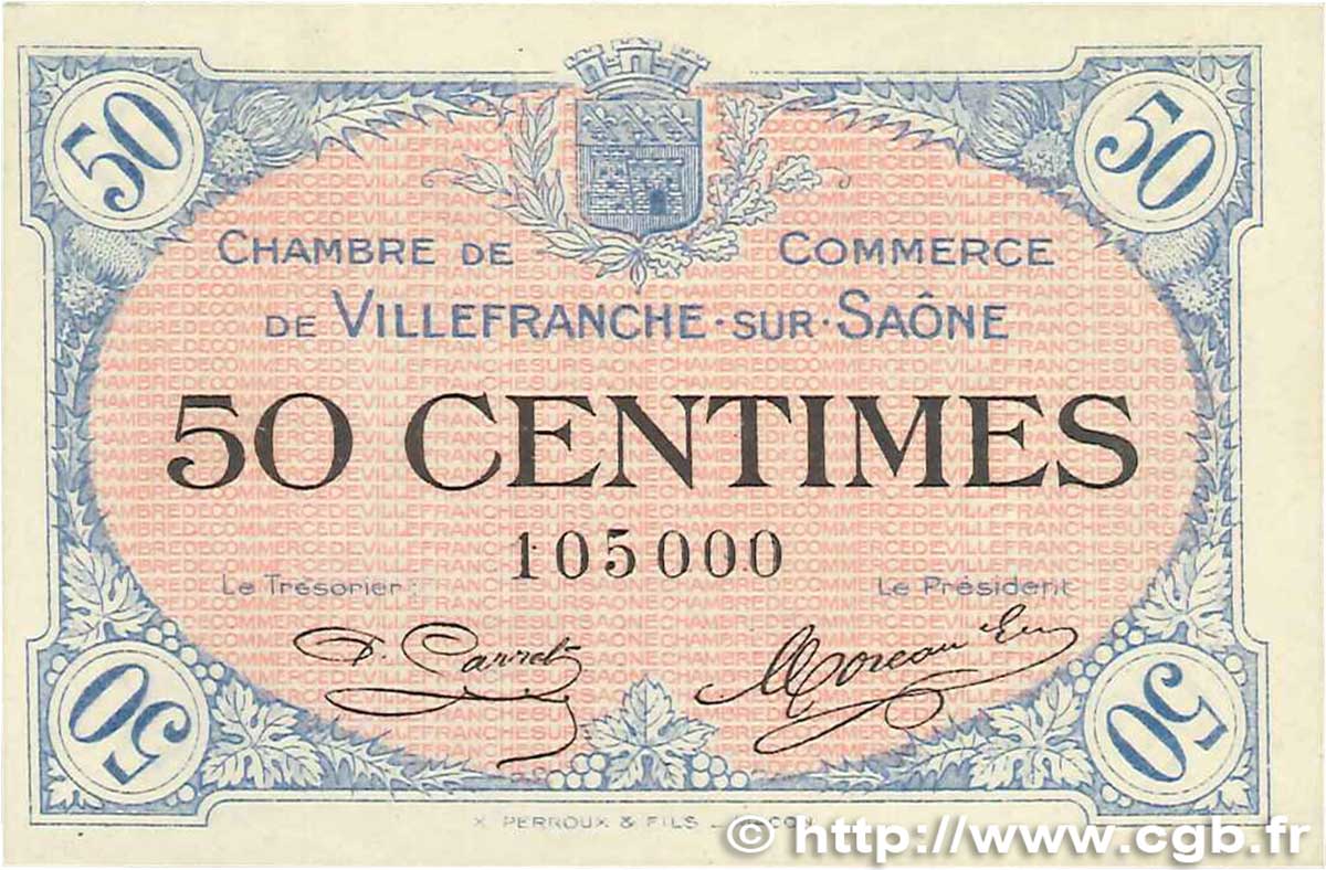 50 Centimes FRANCE Regionalismus und verschiedenen Villefranche-Sur-Saône 1915 JP.129.01 VZ+