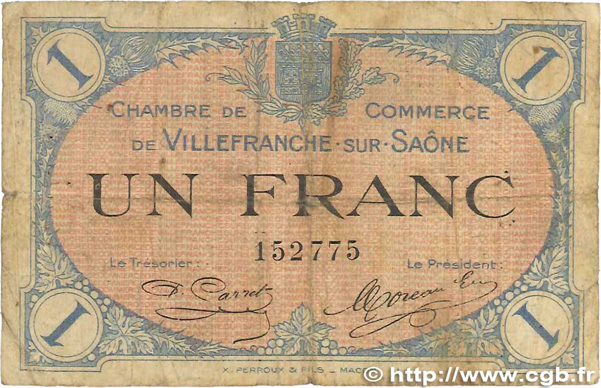 1 Franc FRANCE regionalism and miscellaneous Villefranche-Sur-Saône 1915 JP.129.04 G