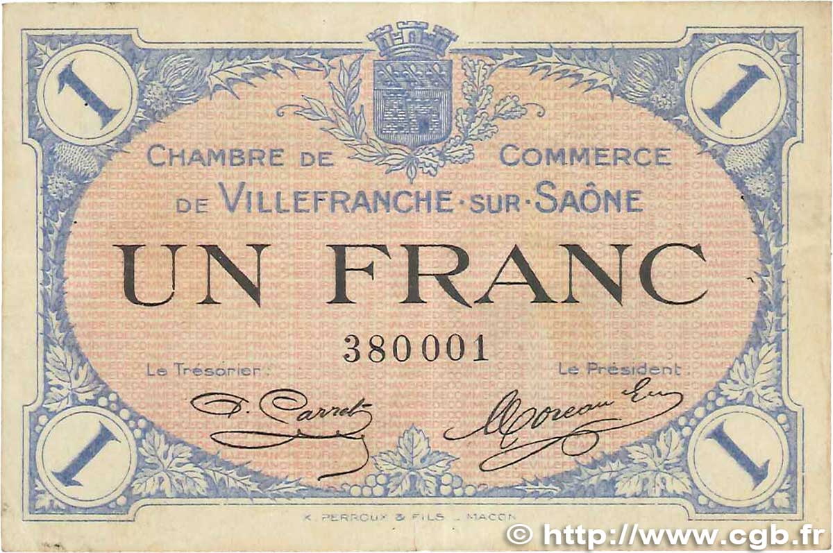1 Franc FRANCE regionalism and miscellaneous Villefranche-Sur-Saône 1915 JP.129.04 F