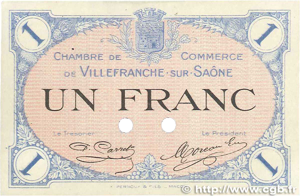 1 Franc Spécimen FRANCE regionalism and miscellaneous Villefranche-Sur-Saône 1915 JP.129.05 XF