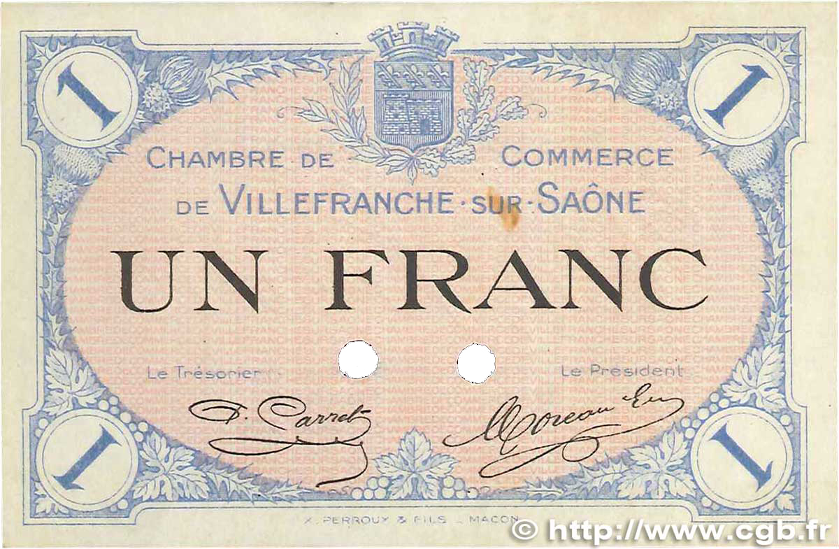 1 Franc Spécimen FRANCE Regionalismus und verschiedenen Villefranche-Sur-Saône 1915 JP.129.05 VZ