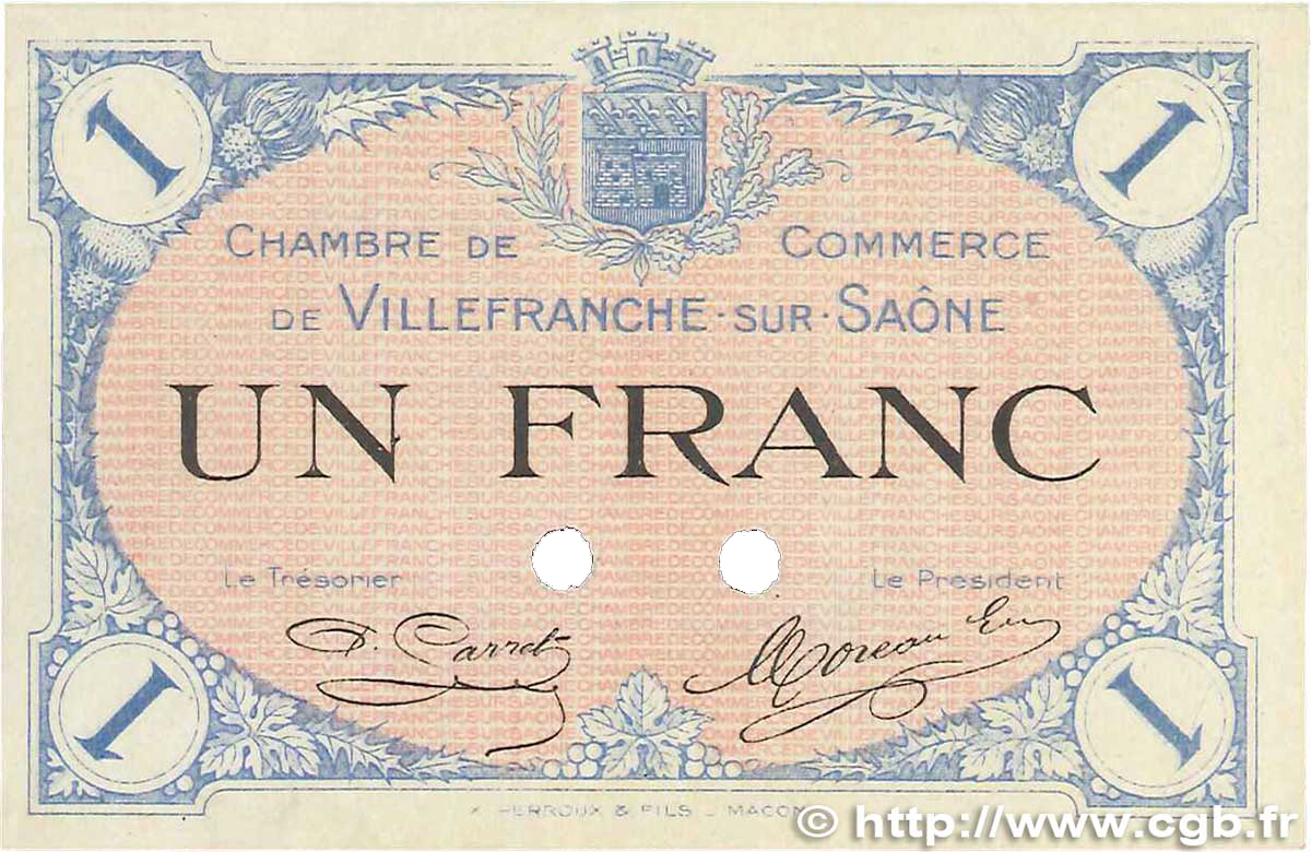 1 Franc Spécimen FRANCE régionalisme et divers Villefranche-Sur-Saône 1915 JP.129.05 SPL