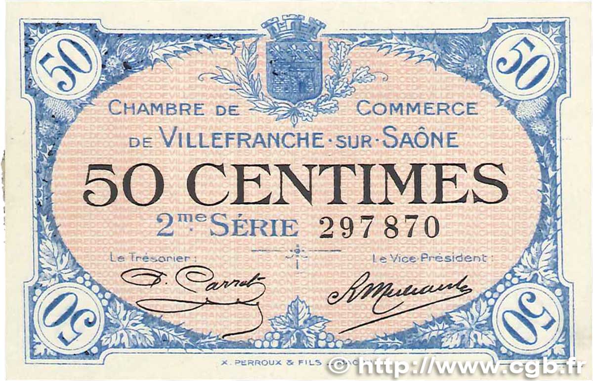 50 Centimes FRANCE Regionalismus und verschiedenen Villefranche-Sur-Saône 1918 JP.129.07 fST