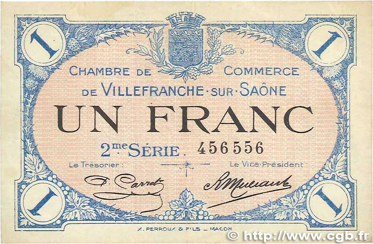 1 Franc FRANCE regionalism and various Villefranche-Sur-Saône 1918 JP.129.09 VF