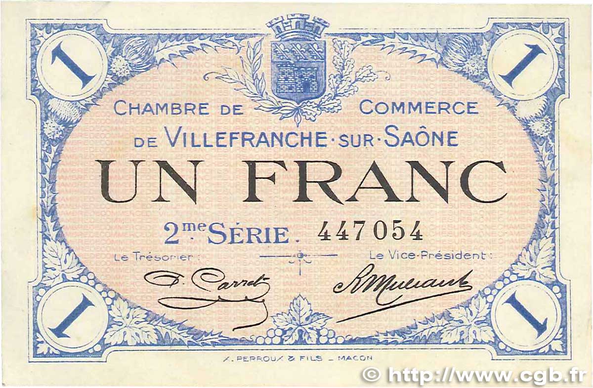 1 Franc FRANCE regionalism and various Villefranche-Sur-Saône 1918 JP.129.09 VF+