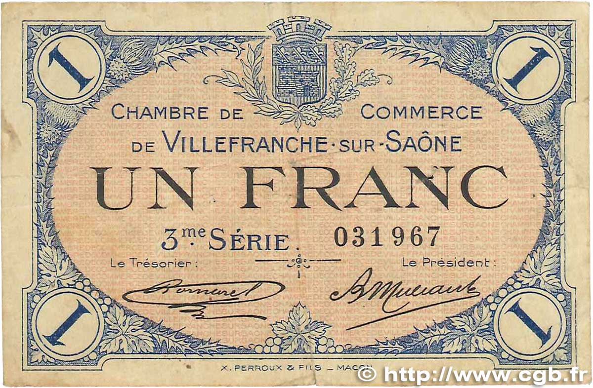 1 Franc FRANCE Regionalismus und verschiedenen Villefranche-Sur-Saône 1920 JP.129.13 fS