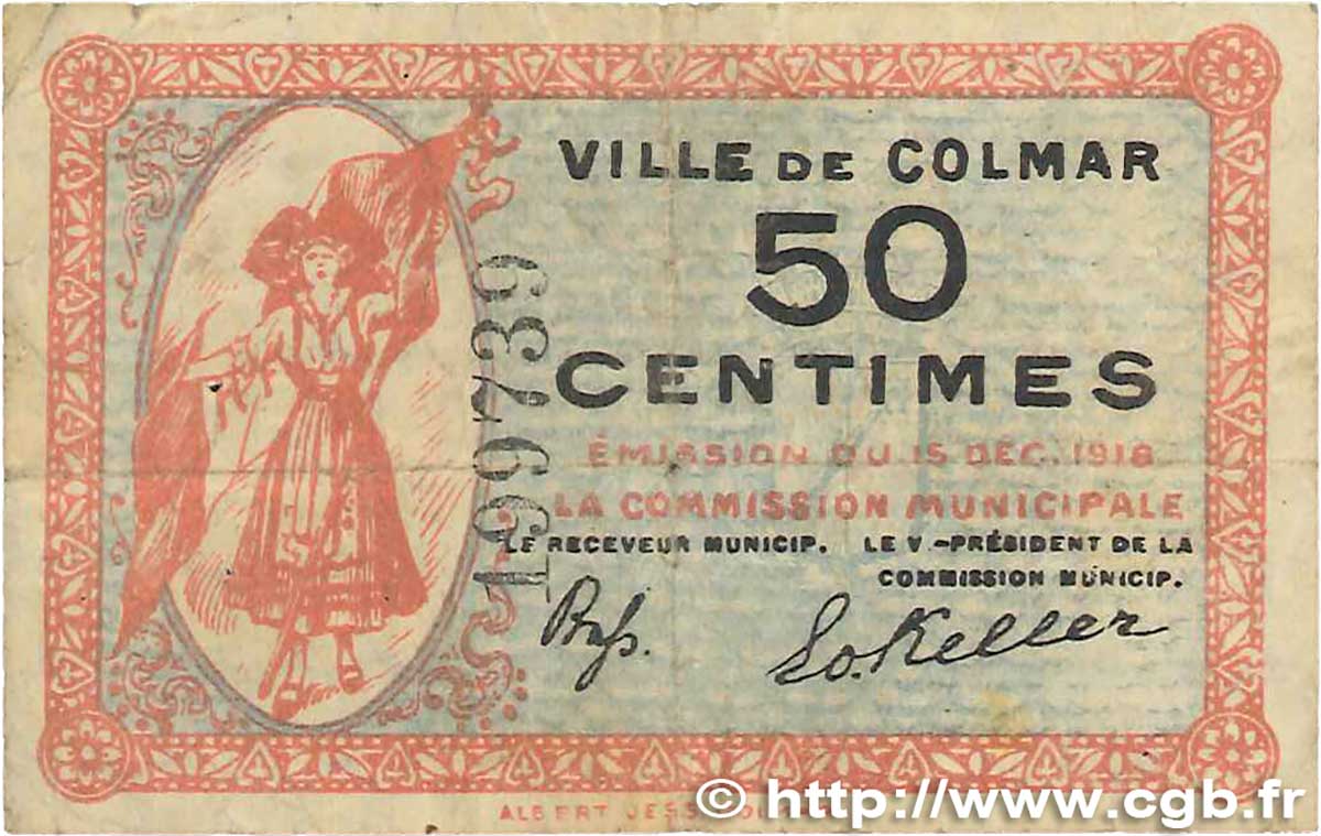 50 Centimes FRANCE regionalism and various Colmar 1918 JP.130.01 VG