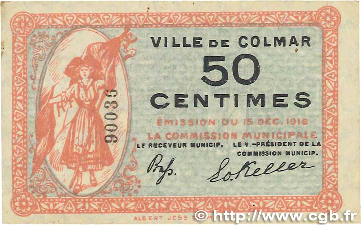 50 Centimes FRANCE Regionalismus und verschiedenen Colmar 1918 JP.130.01 SS