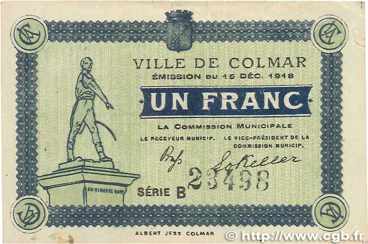 1 Franc FRANCE regionalism and miscellaneous Colmar 1918 JP.130.03 F