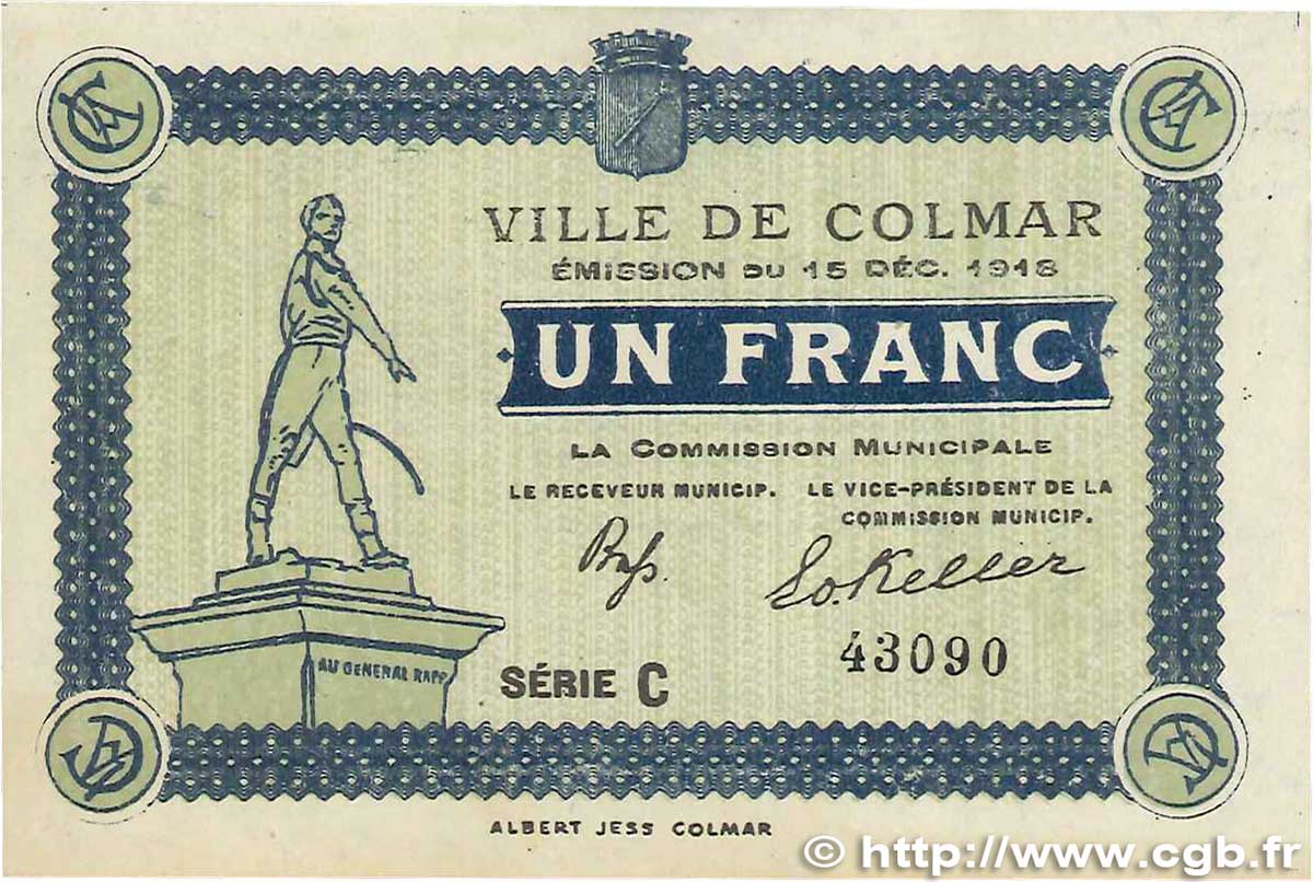 1 Franc FRANCE regionalism and miscellaneous Colmar 1918 JP.130.03 XF+