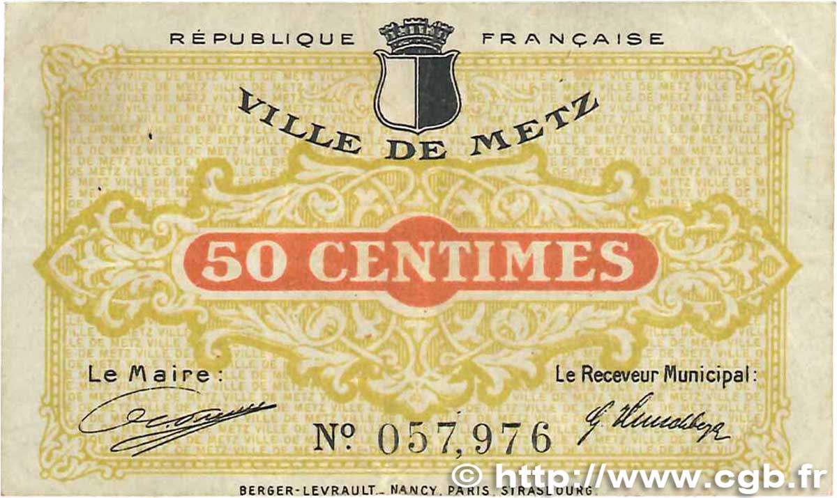 50 Centimes FRANCE Regionalismus und verschiedenen Metz 1918 JP.131.01 S
