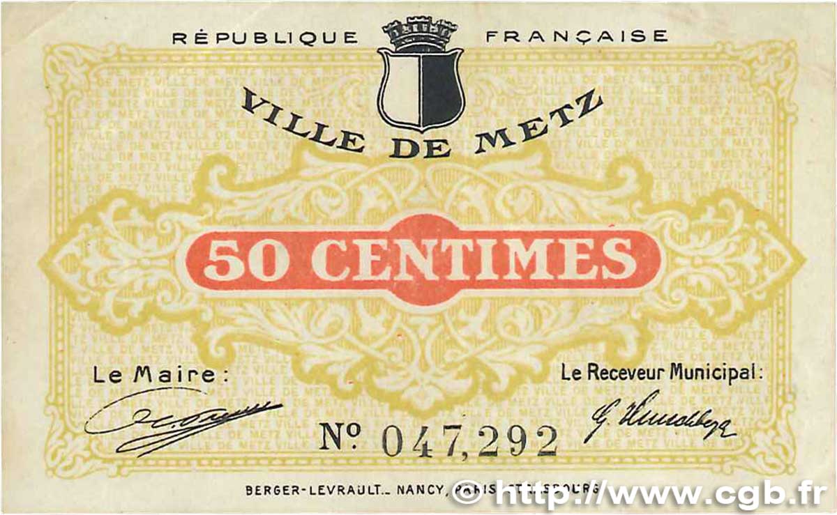 50 Centimes FRANCE regionalism and various Metz 1918 JP.131.01 VF