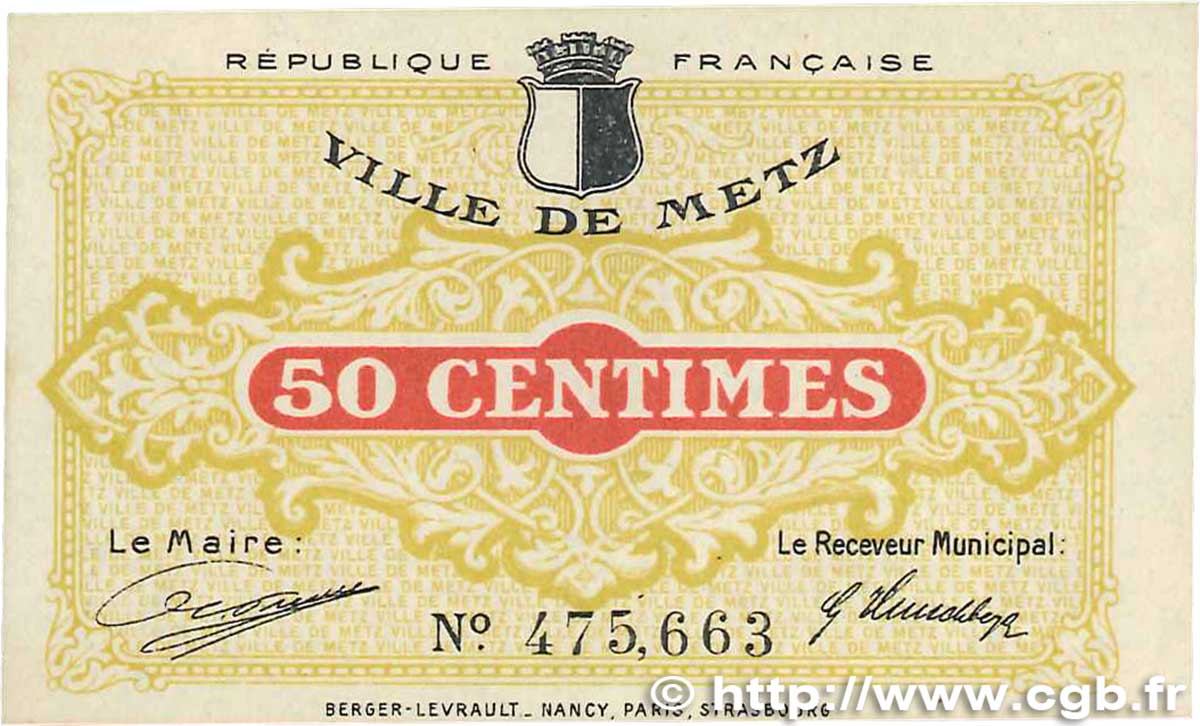 50 Centimes FRANCE regionalismo e varie Metz 1918 JP.131.01 SPL