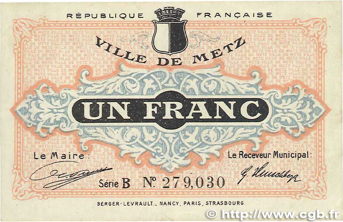 1 Franc FRANCE regionalism and miscellaneous Metz 1918 JP.131.04 VF