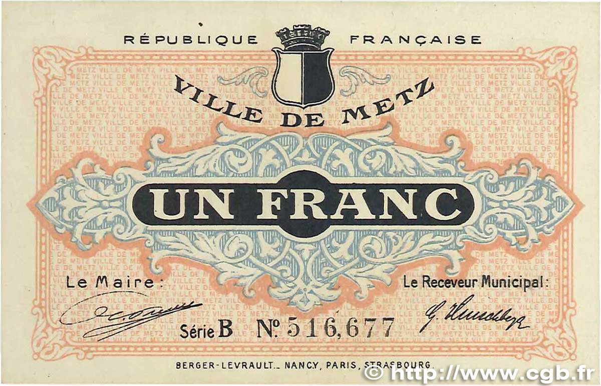 1 Franc FRANCE regionalism and miscellaneous Metz 1918 JP.131.04 VF+
