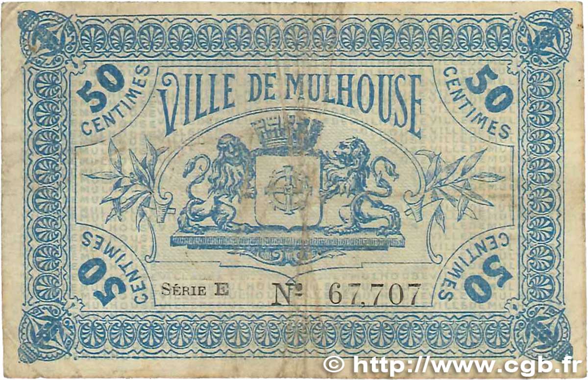 50 Centimes FRANCE regionalism and miscellaneous Mulhouse 1918 JP.132.01 VG