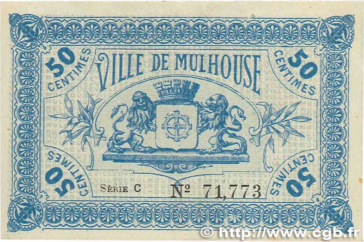 50 Centimes FRANCE regionalism and miscellaneous Mulhouse 1918 JP.132.01 VF+