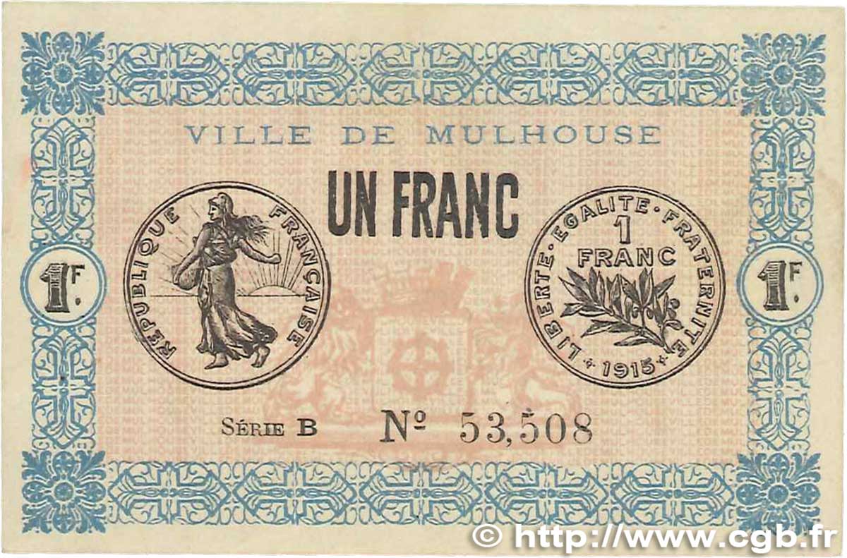 1 Franc FRANCE regionalism and miscellaneous Mulhouse 1918 JP.132.02 VF+