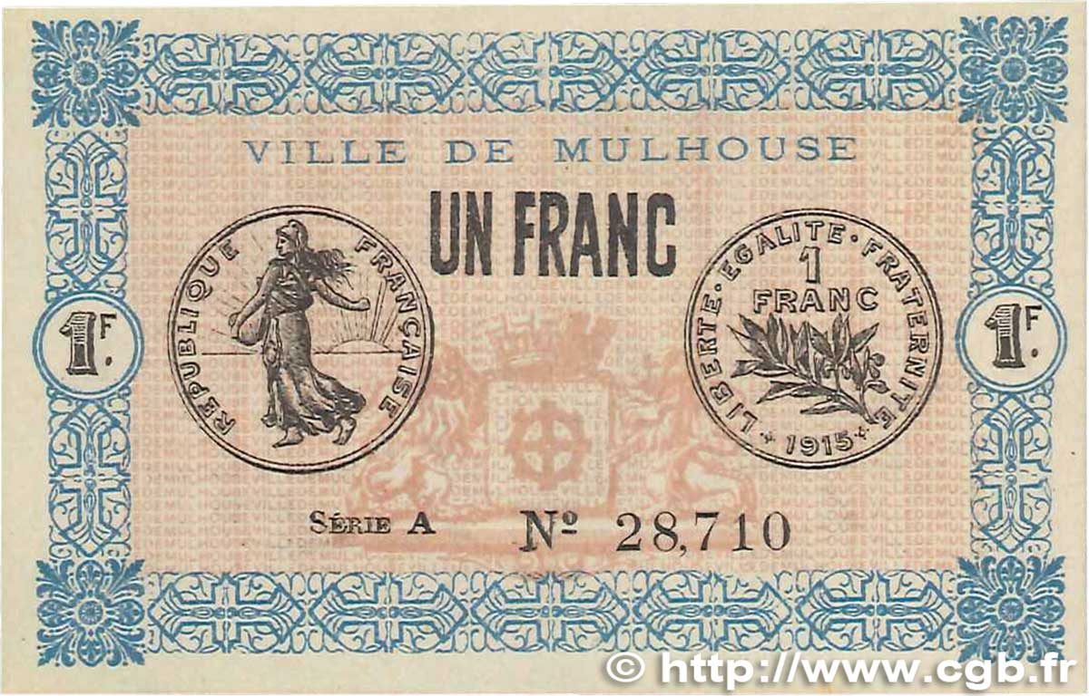 1 Franc FRANCE regionalism and miscellaneous Mulhouse 1918 JP.132.02 AU
