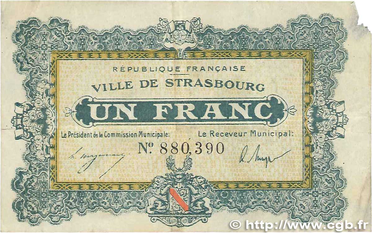 1 Franc FRANCE regionalismo y varios Strasbourg 1918 JP.133.04 RC+