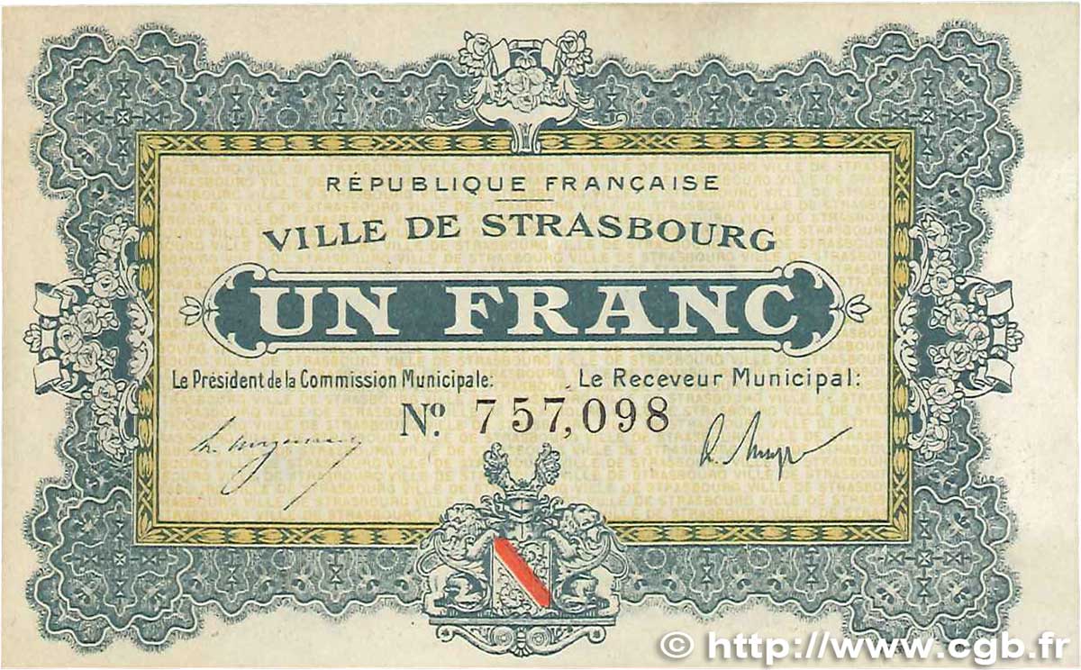 1 Franc FRANCE regionalism and miscellaneous Strasbourg 1918 JP.133.04 VF+