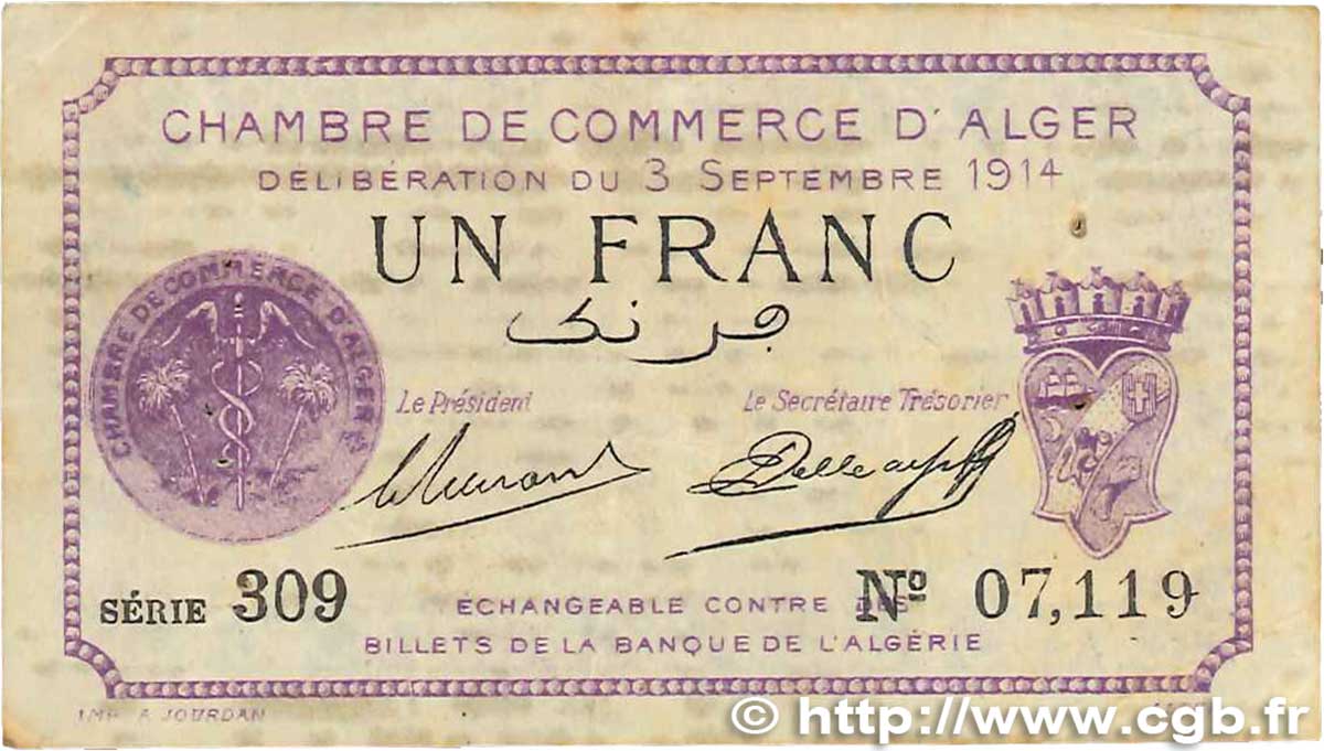 1 Franc FRANCE regionalism and various Alger 1914 JP.137.01 F