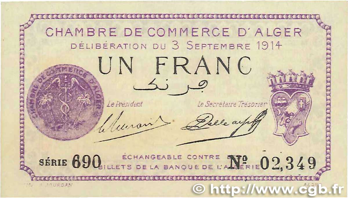 1 Franc FRANCE regionalism and miscellaneous Alger 1914 JP.137.01 XF