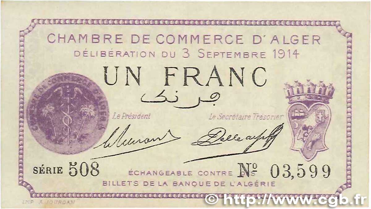 1 Franc FRANCE regionalism and various Alger 1914 JP.137.01 XF+