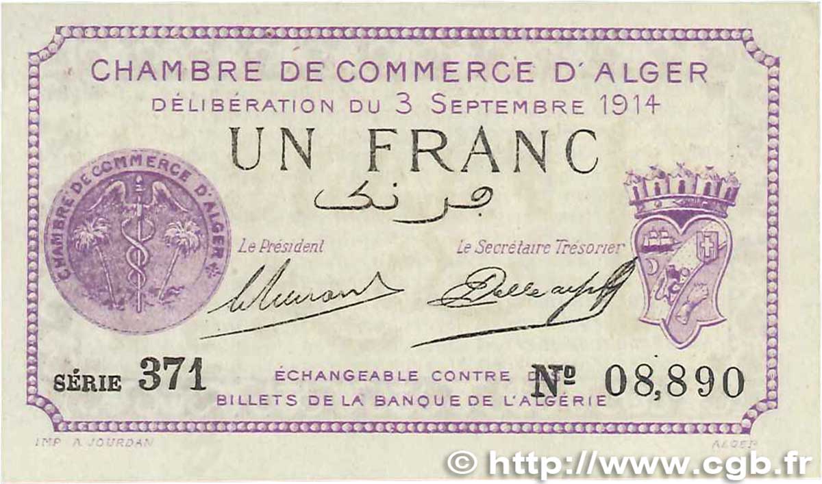 1 Franc FRANCE regionalismo y varios Alger 1914 JP.137.01 FDC