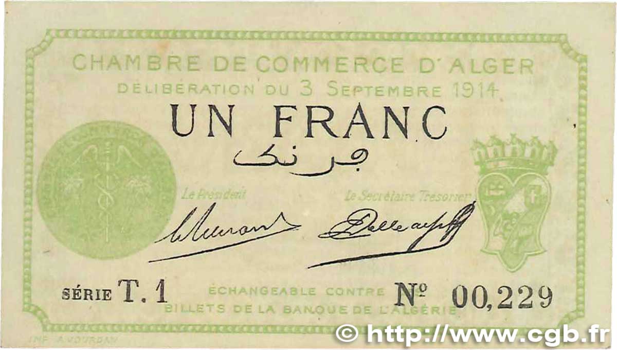 1 Franc FRANCE regionalismo y varios Alger 1914 JP.137.03 SC