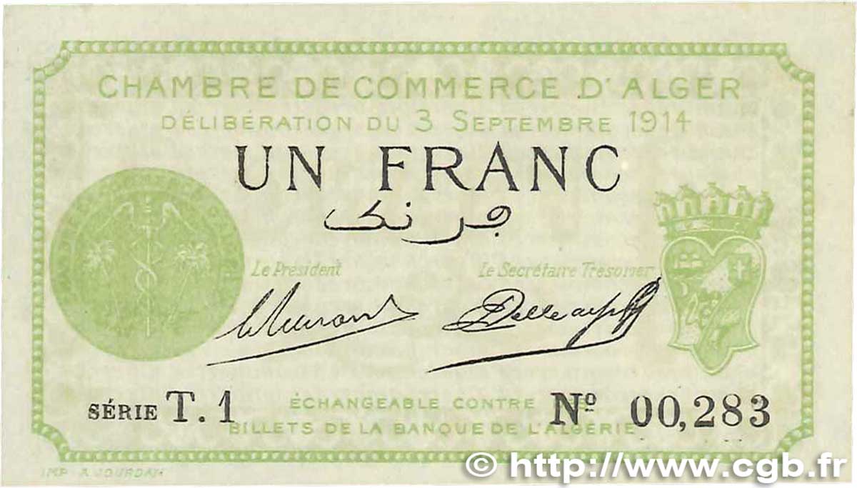 1 Franc FRANCE regionalism and miscellaneous Alger 1914 JP.137.03 UNC