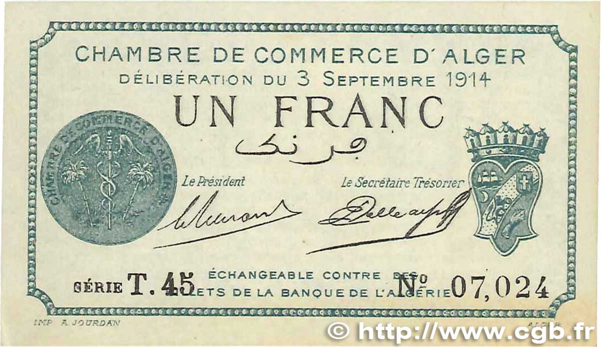 1 Franc FRANCE regionalism and various Alger 1914 JP.137.04 XF