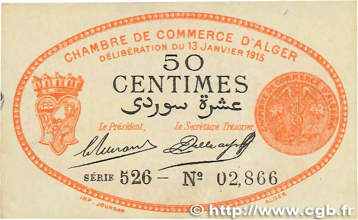 50 Centimes FRANCE regionalism and various Alger 1915 JP.137.05 XF