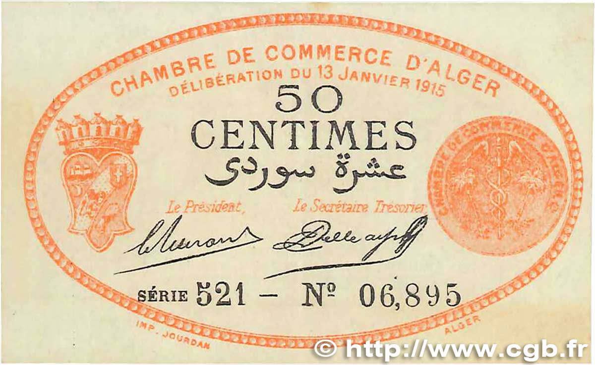 50 Centimes FRANCE Regionalismus und verschiedenen Alger 1915 JP.137.05 VZ+