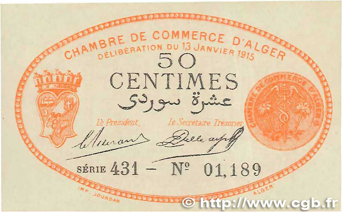 50 Centimes FRANCE regionalism and various Alger 1915 JP.137.05 XF+