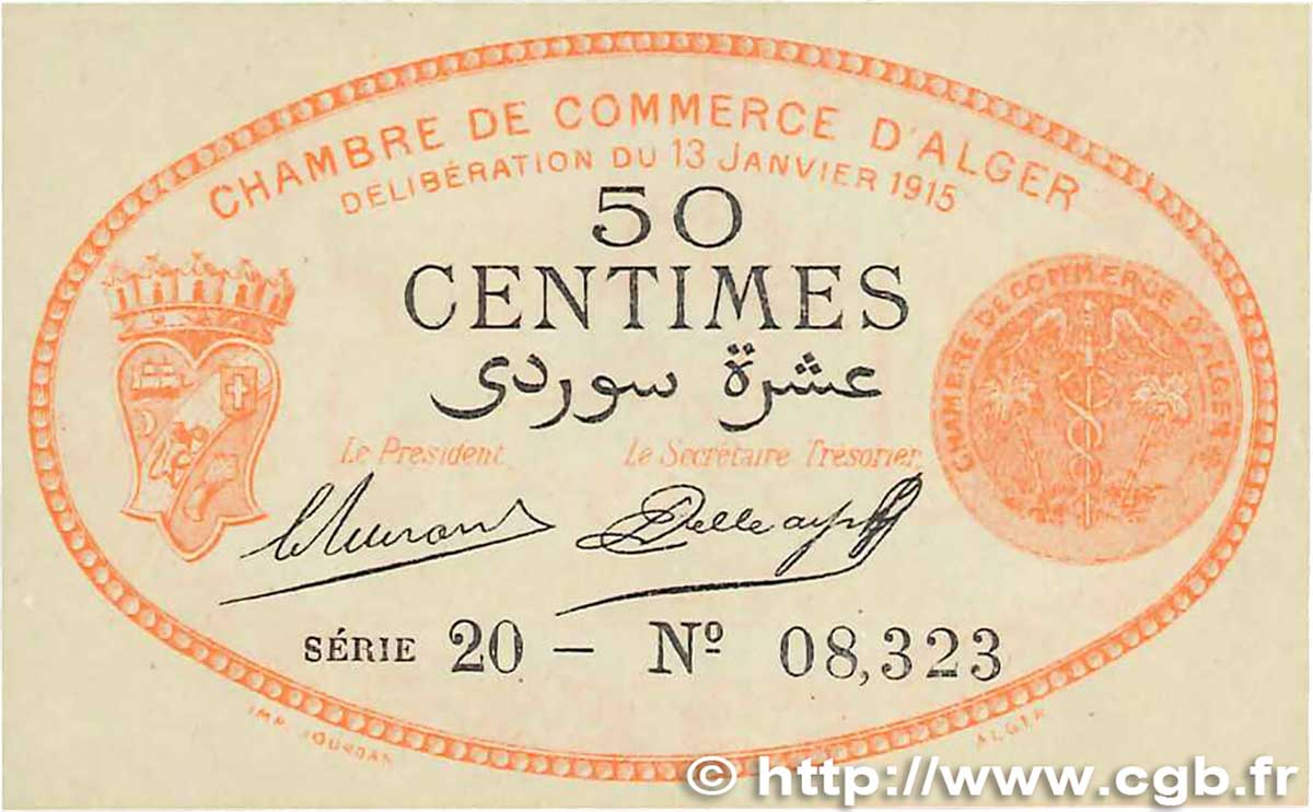 50 Centimes FRANCE regionalismo y varios Alger 1915 JP.137.05 SC+