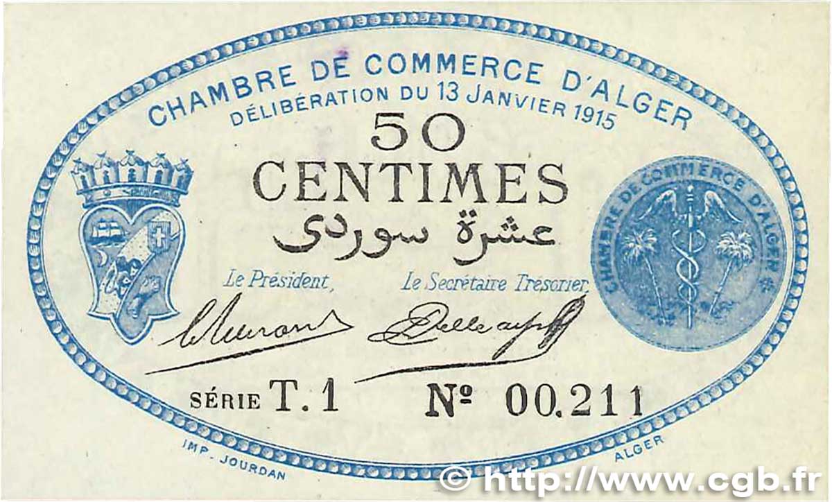 50 Centimes FRANCE regionalism and miscellaneous Alger 1915 JP.137.08 UNC-