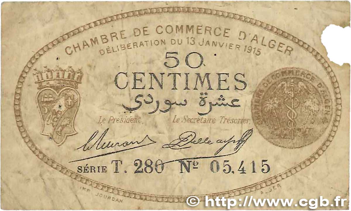 50 Centimes FRANCE regionalismo y varios Alger 1915 JP.137.09 RC