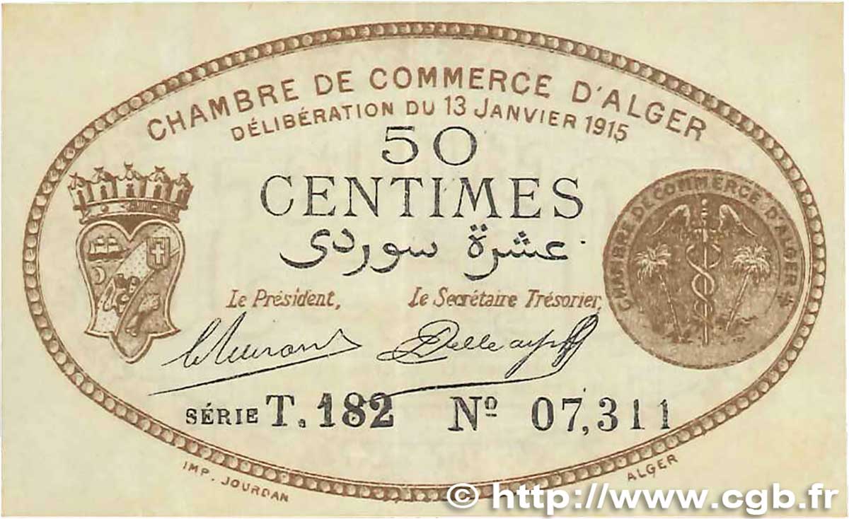 50 Centimes FRANCE regionalism and miscellaneous Alger 1915 JP.137.09 VF+