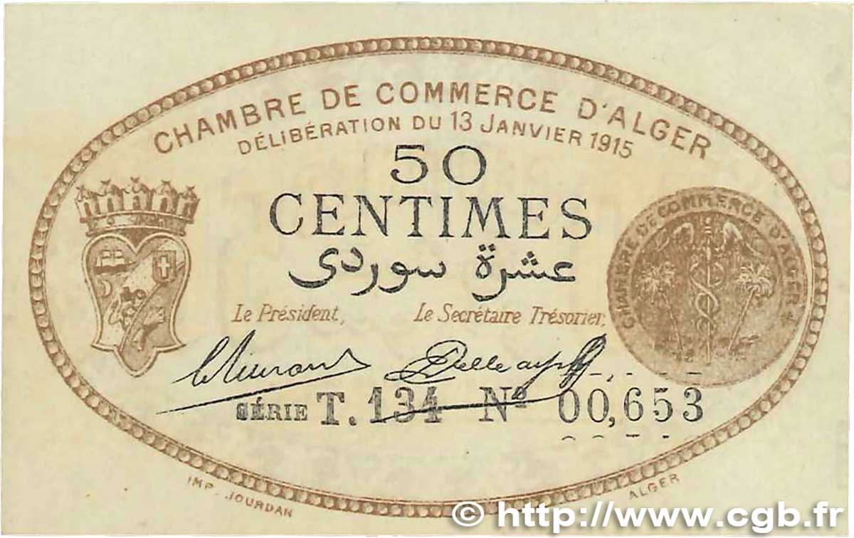 50 Centimes FRANCE regionalism and various Alger 1915 JP.137.09 XF+